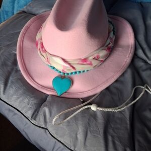 Pink Felt Women's Fashion Hat with Turquoise Heart Pendant